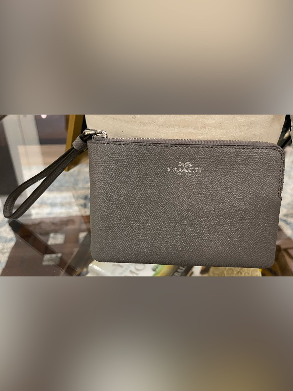 Coach Gray Leather Zip Wristlet with Removable Strap